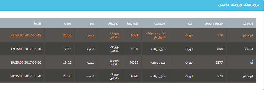 جدول برنامه های هواپیمایی ارومیه در روز  شنبه 30اردیبهشت ماه 96