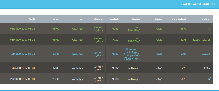 جدول برنامه&zwnj;های هواپیمایی ارومیه در روز چهار شنبه ۱۰ خردادماه ۹۶