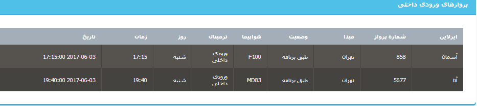 جدول برنامه&zwnj;های هواپیمایی ارومیه در روز شنبه ۱۳ خردادماه ۹۶