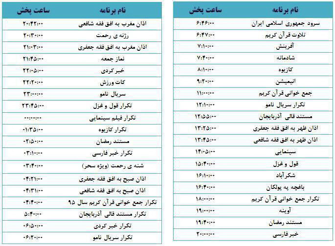 جدول برنامه های امروز سیمای مرکز مهاباد
