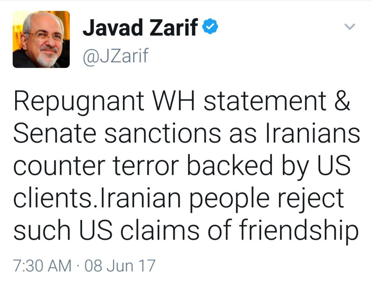 ظریف: بیانیه کاخ سفید و تحریم&zwnj;های سنا متناقض و زننده اند