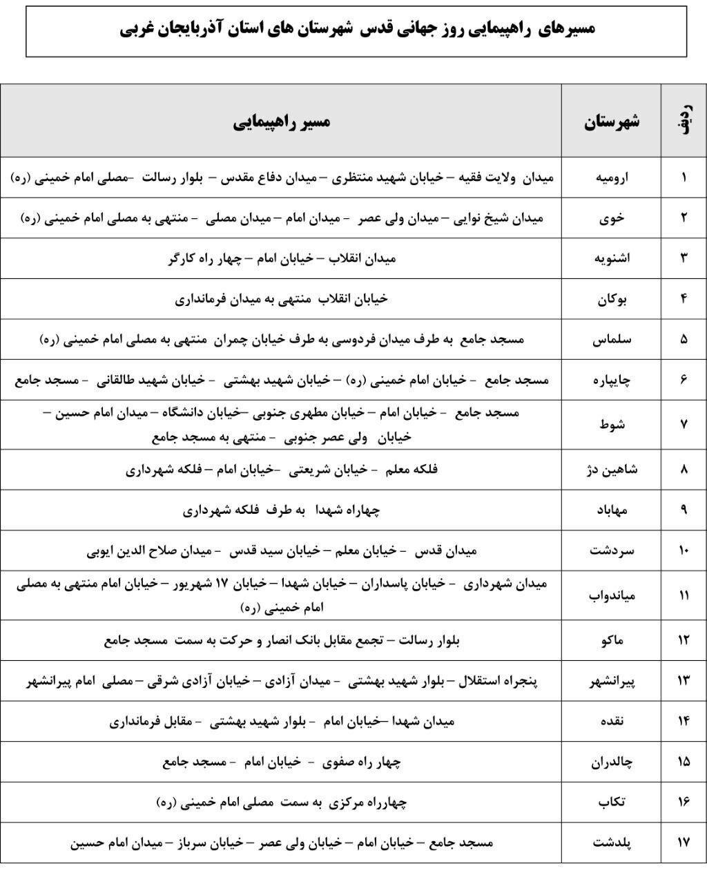 مسیرهای راهپیمایی روز قدس در آذربایجان غربی