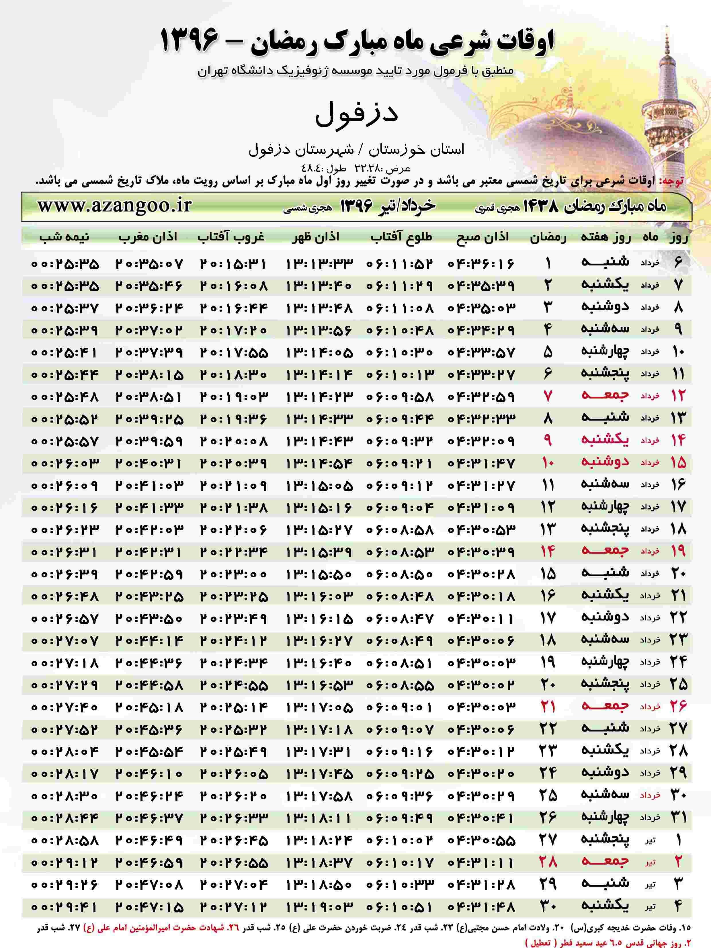 اوقات شرعی شهرستان دزفول در ماه رمضان 96
