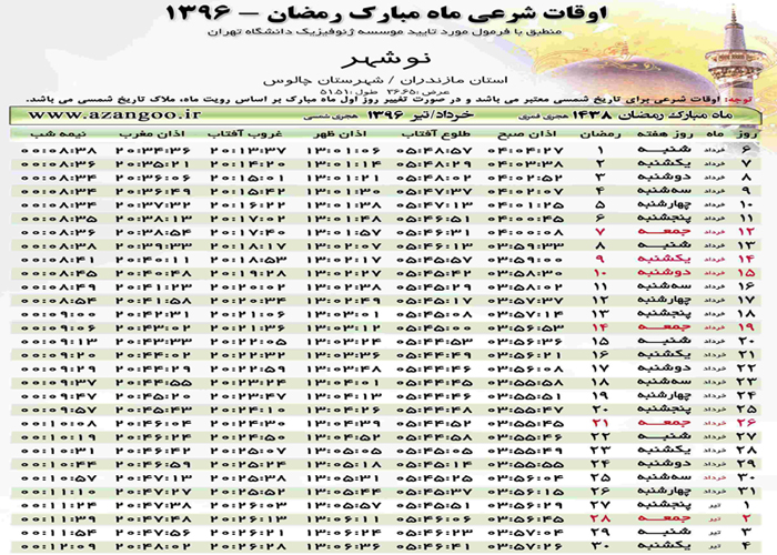 اوقات شرعی نوشهر در ماه مبارک رمضان 96