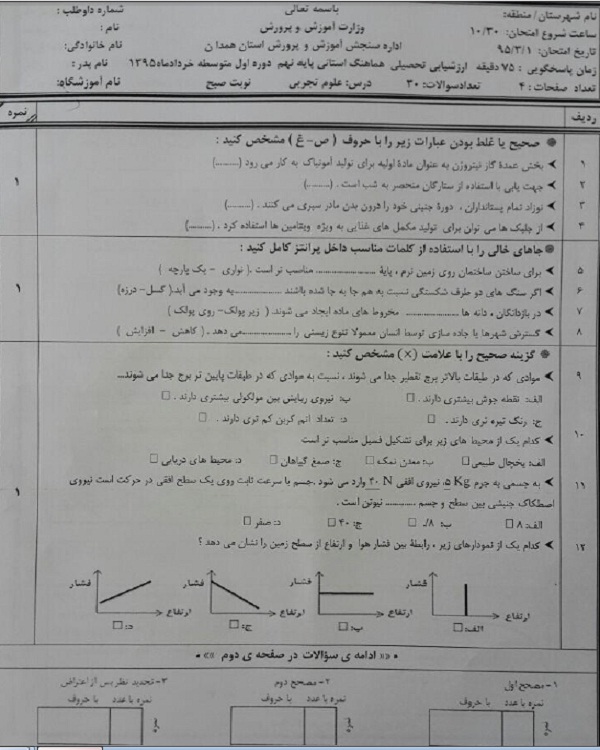 مهم ترین سوالات علوم نهم +تصاویر