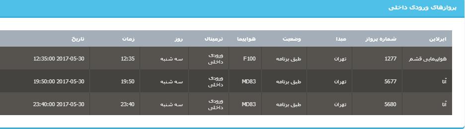 جدول برنامه&zwnj;های هواپیمایی ارومیه در روز سه شنبه ۹ خردادماه ۹۶