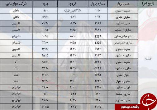 پروازهای شنبه از فرودگاه های مازندران