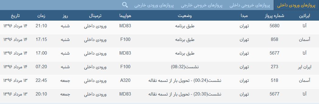 پرواز&zwnj;های شنبه فرودگاه بین المللی شهید باکری ارومیه