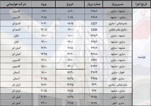 پرواز&zwnj;های دوشنبه ۱۶ مرداد از فرودگاه&zwnj;های مازندران