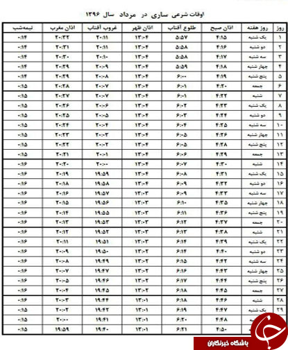 اوقات شرعی مردادماه به افق ساری
