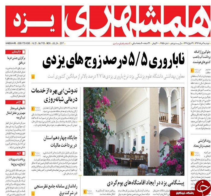 صفحه نخست روزنامه های استان یزد