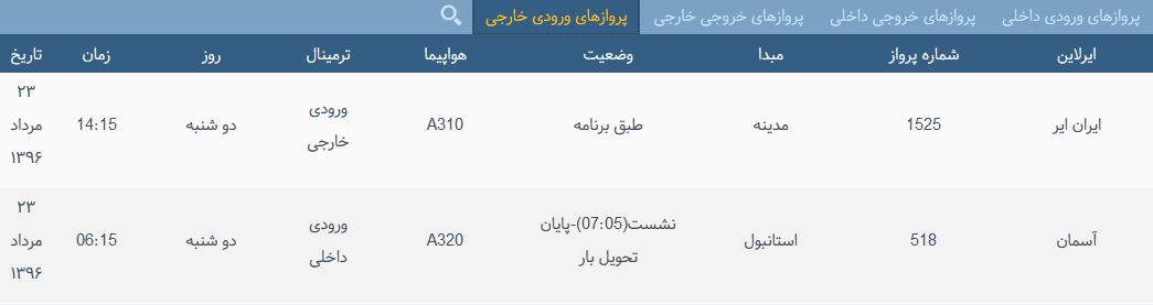 پرواز&zwnj;های دوشنبه فرودگاه بین المللی شهید باکری ارومیه