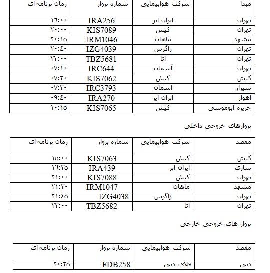 پرواز&zwnj;های دوشنبه 30 مرداد از فرودگاه&zwnj; بندرعباس
