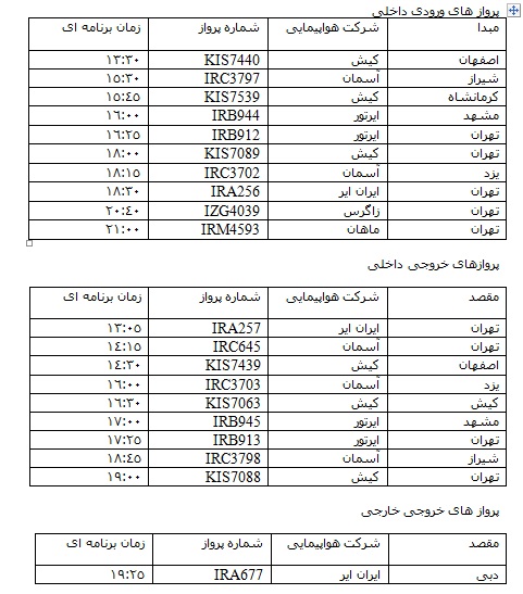 پرواز&zwnj;های سه شنبه 31 مرداد از فرودگاه&zwnj; بندرعباس