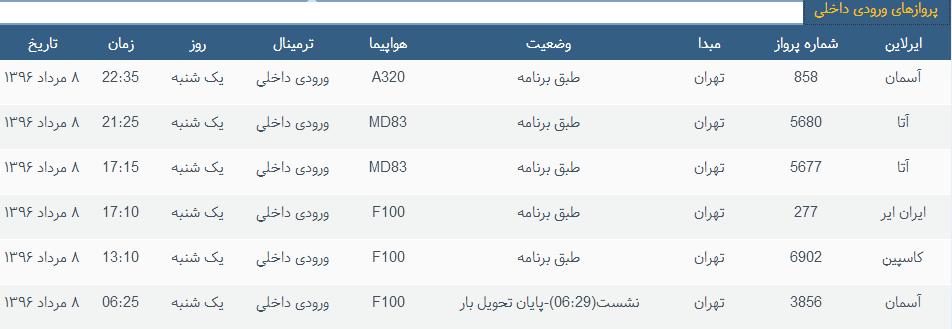 جدول برنامه&zwnj;های هواپیمایی ارومیه در روز یکشنبه 8 مردادماه ۹۶