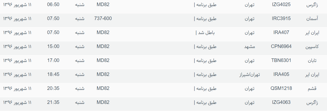 پرواز&zwnj;های ورودی و خروجی از فرودگاه بین المللی بوشهر