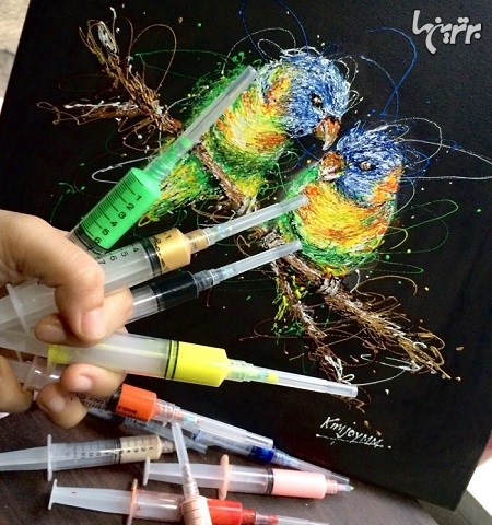 پرستاری که بااستفاده از سرنگ نقاشی می کند+تصاویر