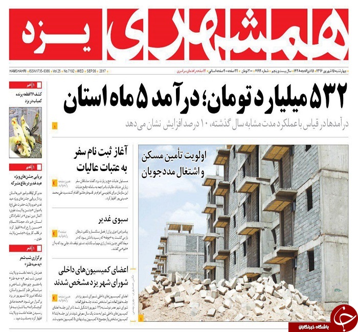 صفحه نخست روزنامه های استان یزد