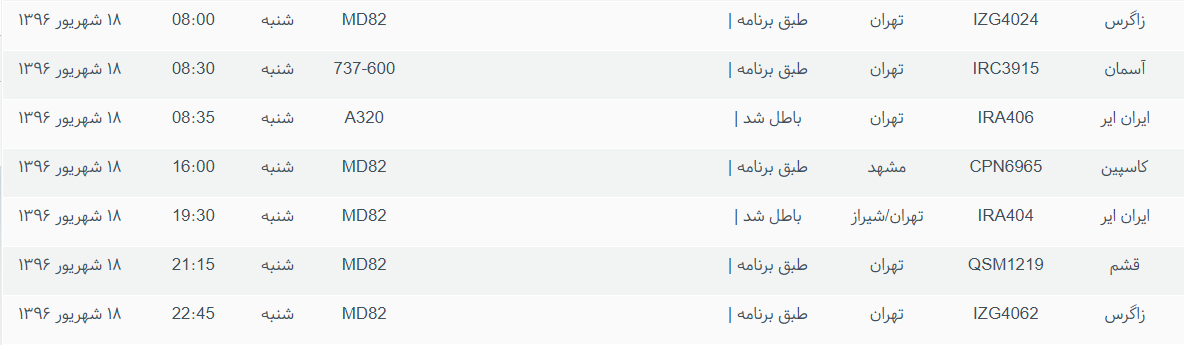 پرواز&zwnj;های ورودی و خروجی از فرودگاه بین المللی بوشهر