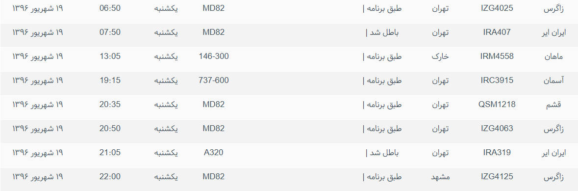 پرواز&zwnj;های ورودی و خروجی از فرودگاه بین المللی بوشهر