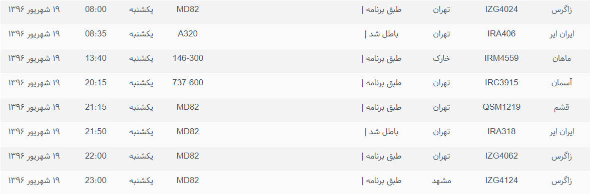 پرواز&zwnj;های ورودی و خروجی از فرودگاه بین المللی بوشهر
