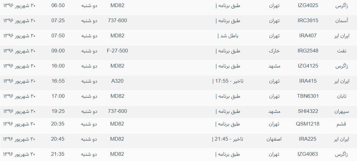 پرواز&zwnj;های ورودی و خروجی از فرودگاه بین المللی بوشهر