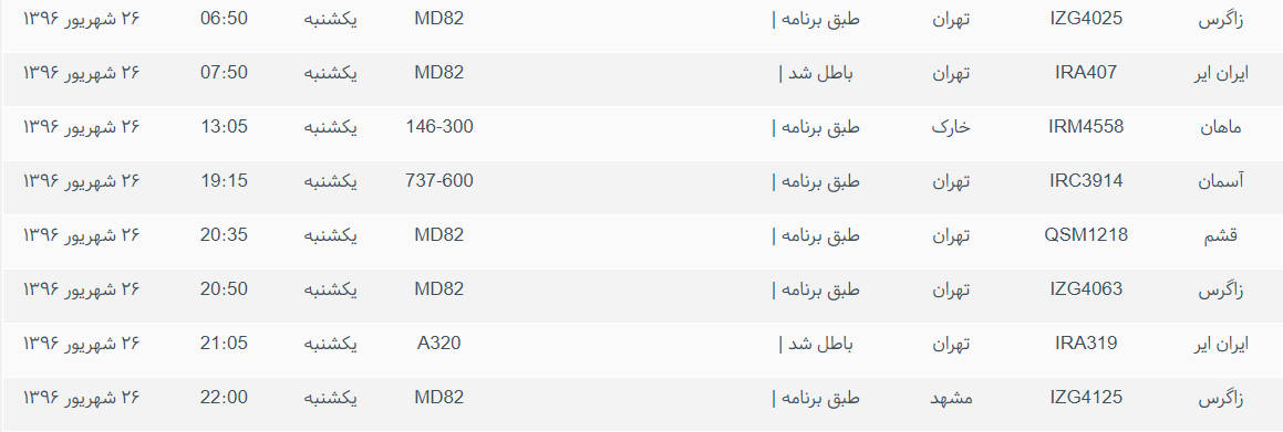 پرواز&zwnj;های ورودی و خروجی از فرودگاه بین المللی بوشهر