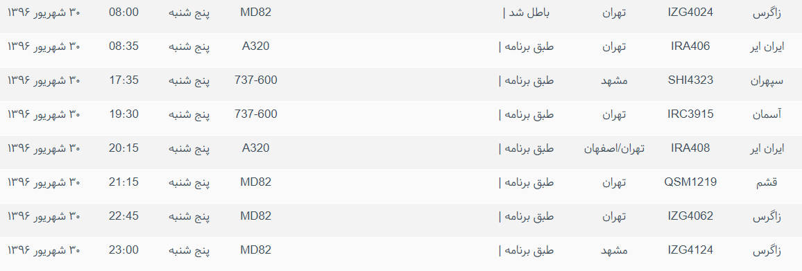 پرواز&zwnj;های ورودی و خروجی از فرودگاه بین المللی بوشهر