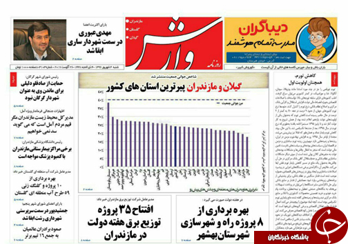 صفحه نخست روزنامه&zwnj;های استان شنبه ۴ شهریور