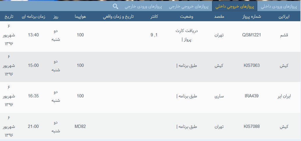 پرواز&zwnj;های دوشنبه 6 شهریور از فرودگاه&zwnj; بندرعباس