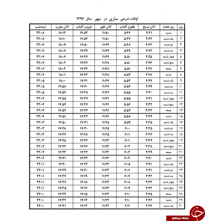 اوقات شرعی مهرماه به افق ساری