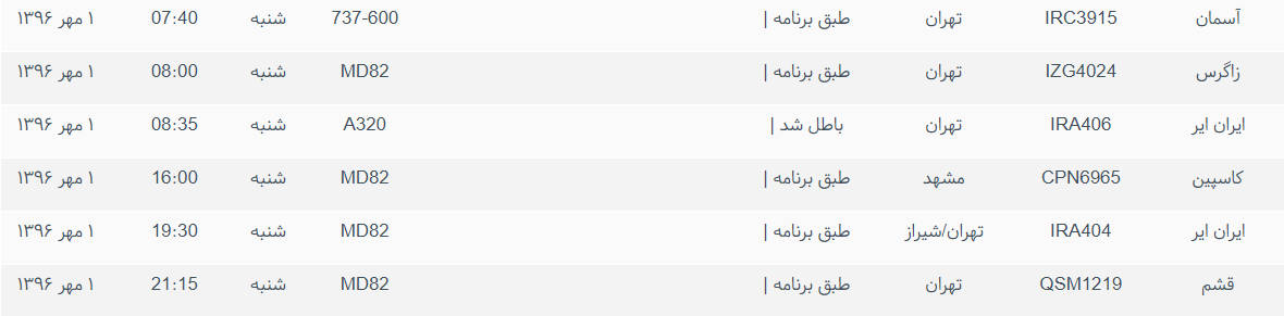 پرواز&zwnj;های ورودی و خروجی از فرودگاه بین المللی بوشهر