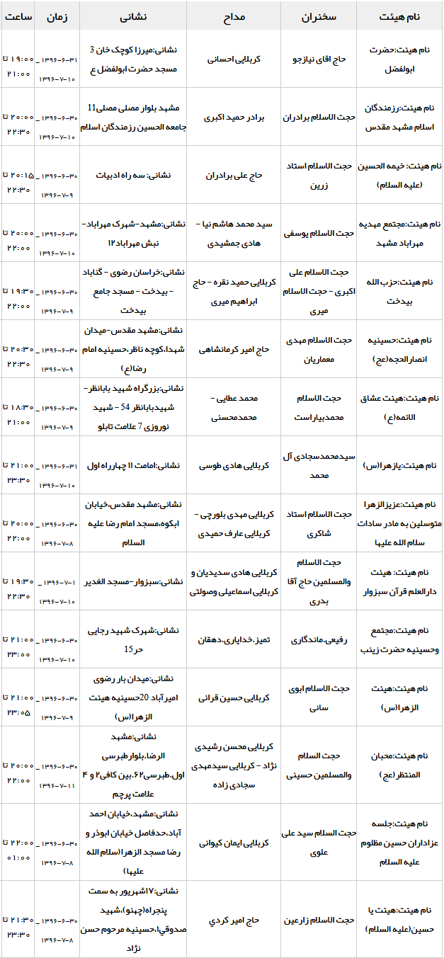 محرم ۹۶ در مشهد هیئت کجا برویم؟+ جدول برنامه های هیئت ها
