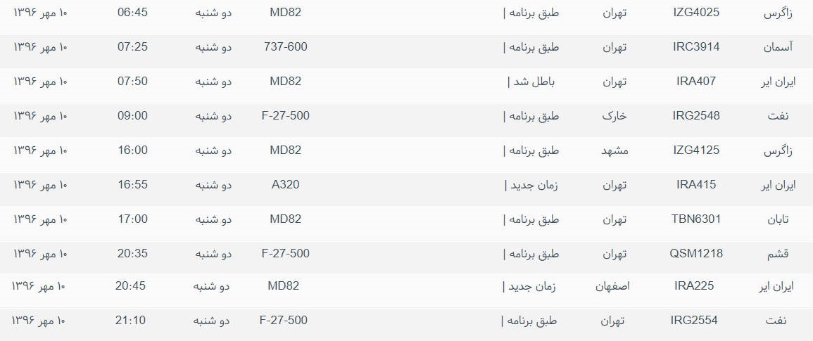 پرواز&zwnj;های ورودی و خروجی از فرودگاه بین المللی بوشهر
