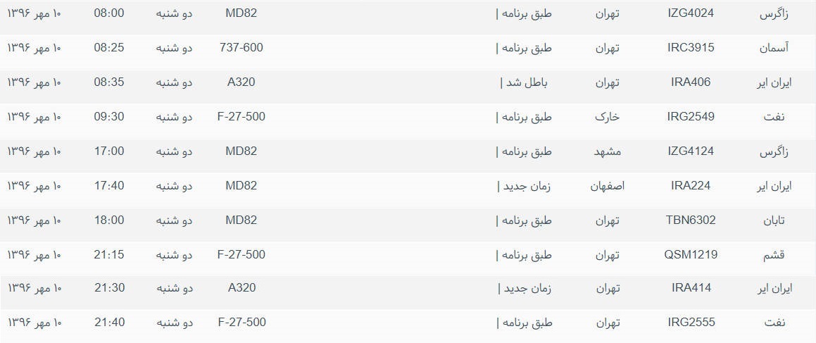 پرواز&zwnj;های ورودی و خروجی از فرودگاه بین المللی بوشهر