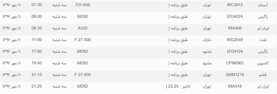 پرواز&zwnj;های ورودی و خروجی از فرودگاه بین المللی بوشهر