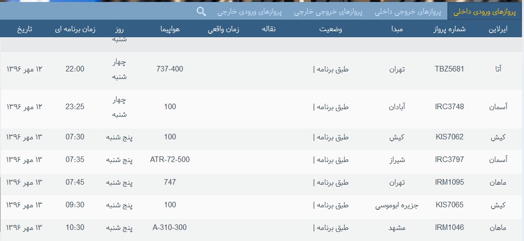 پرواز&zwnj;های فرودگاه&zwnj; بندرعباس 13 مهر 96