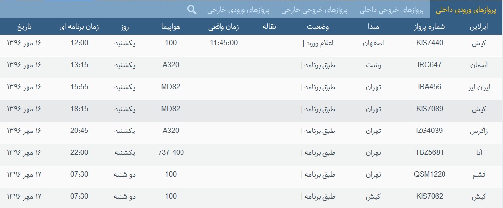 پرواز&zwnj;های فرودگاه&zwnj; بندرعباس 16 مهر 96