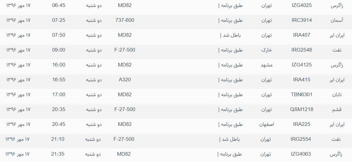 پرواز&zwnj;های ورودی و خروجی از فرودگاه بین المللی بوشهر