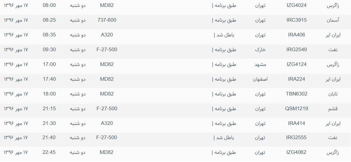 پرواز&zwnj;های ورودی و خروجی از فرودگاه بین المللی بوشهر