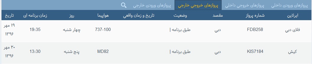 پرواز&zwnj;های فرودگاه&zwnj; بندرعباس 19 مهر 96