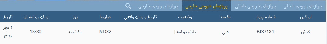 پرواز&zwnj;های فرودگاه&zwnj; بندرعباس 2 مهر 96