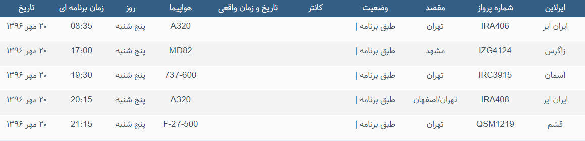 پرواز&zwnj;های ورودی و خروجی از فرودگاه بین المللی بوشهر