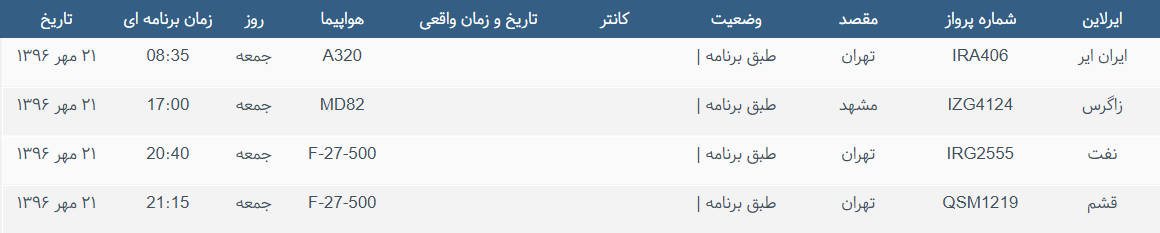 پرواز&zwnj;های ورودی و خروجی از فرودگاه بین المللی بوشهر