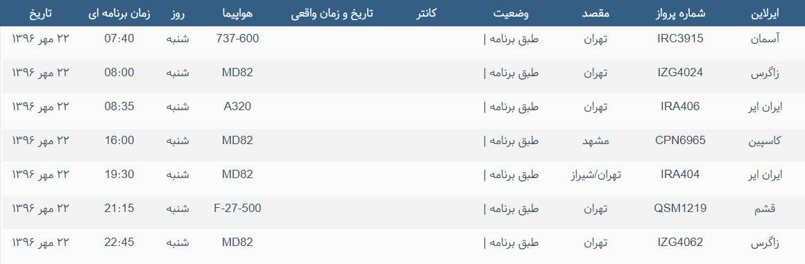پرواز&zwnj;های ورودی و خروجی از فرودگاه بین المللی بوشهر