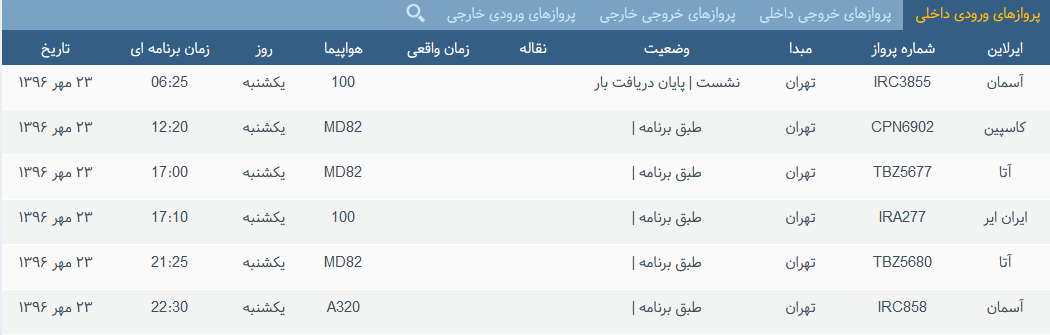 پرواز&zwnj;های یکشنبه ۲۳ مهر ماه  از فرودگاه بین المللی ارومیه