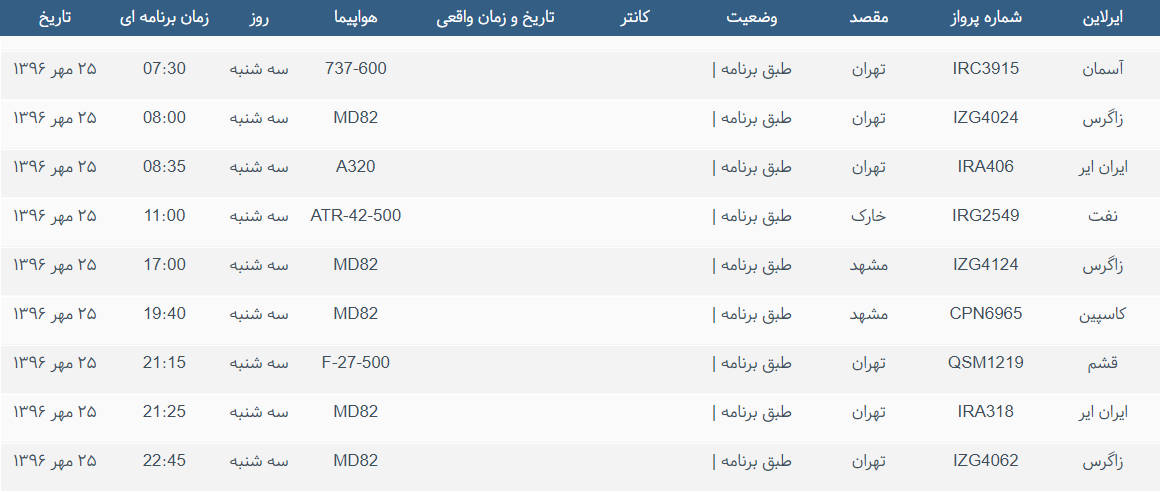 پرواز&zwnj;های ورودی و خروجی از فرودگاه بین المللی بوشهر