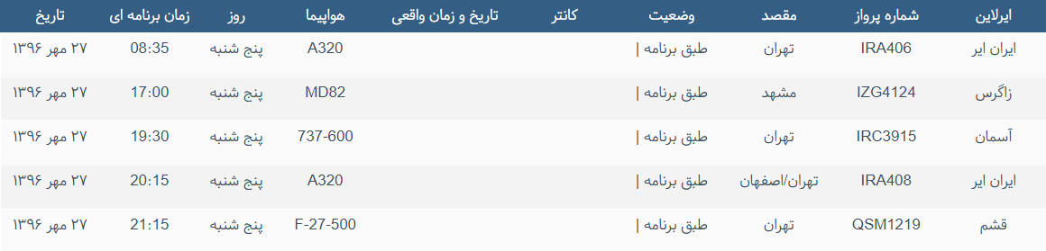 پرواز&zwnj;های ورودی و خروجی از فرودگاه بین المللی بوشهر