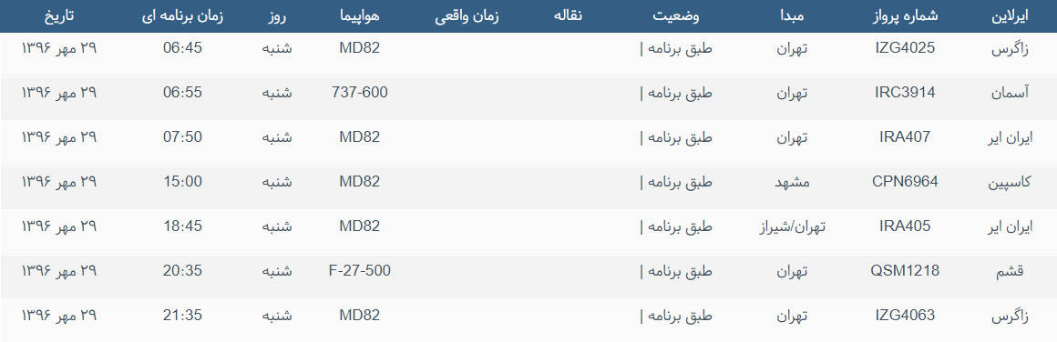 پرواز&zwnj;های ورودی و خروجی از فرودگاه بین المللی بوشهر