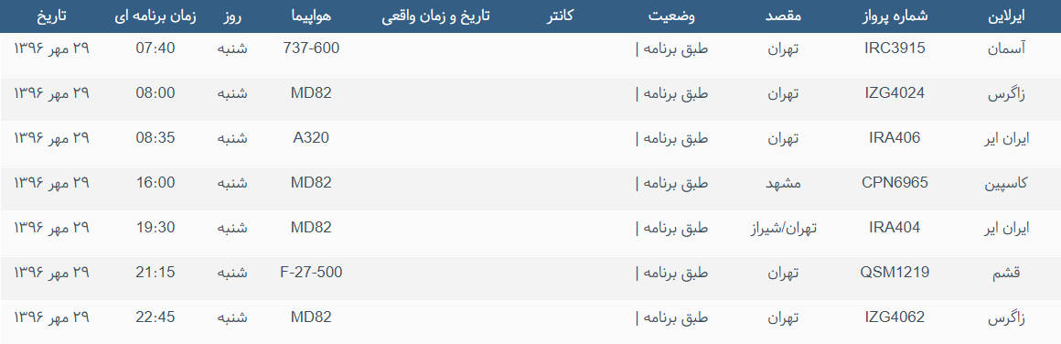 پرواز&zwnj;های ورودی و خروجی از فرودگاه بین المللی بوشهر